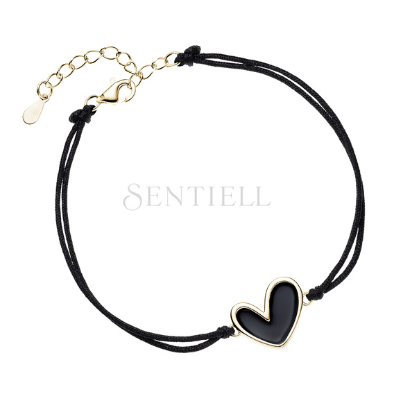 Silver (925) bracelet gold-plated heart with black enamel and black cord