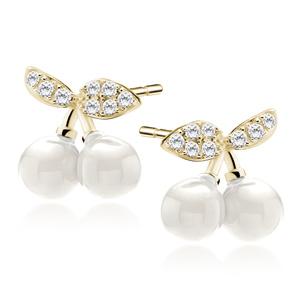 Silver (925) gold-plated earrings - cherries with white zirconia and pearl