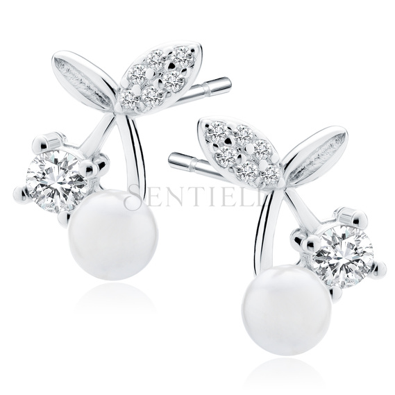 Silver (925) earrings - cherries with white zirconias and pearl