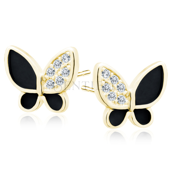 Silver (925) enameled gold-plated earrings black butterflies with white zirconias