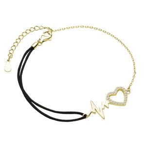 Silver (925) gold-plated bracelet with black cord - heart with zirconias and pulse